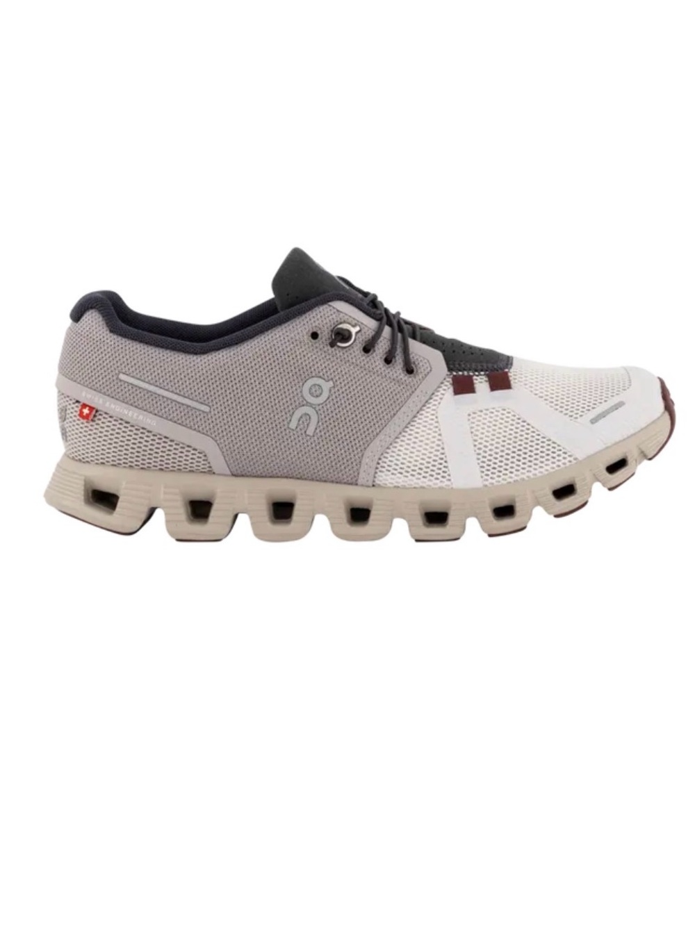 On Running Women’s Cloud 5 Sneaker in Pearl Frost and Black Accents.